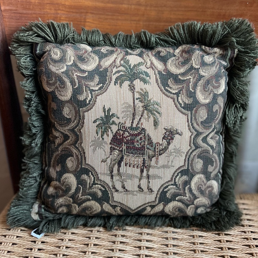 Vintage Tapestry Throw Pillow Camel & Palm Boho Global Decor Cushion
